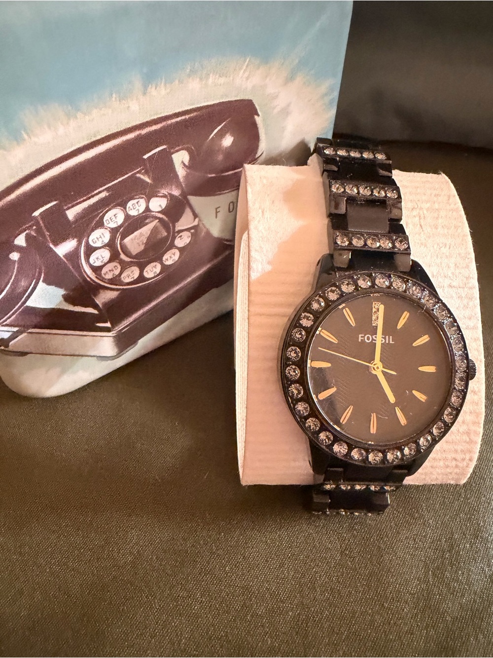 Fossil Black Watch with Crystal-Embellished Bezel and collectible tin